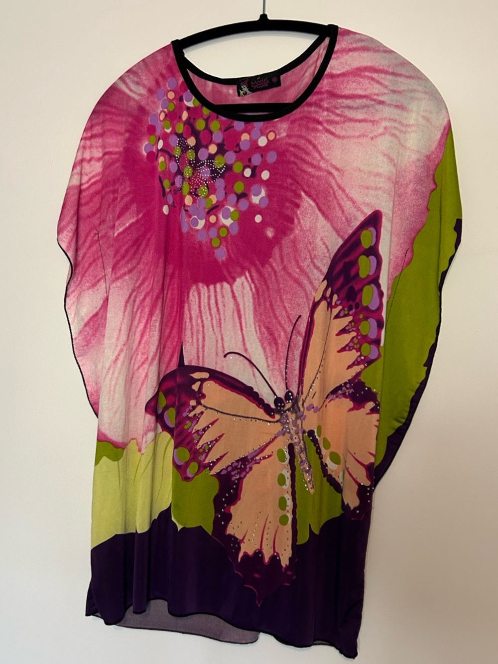 Bright Pink Butterfly Top with Green Accents